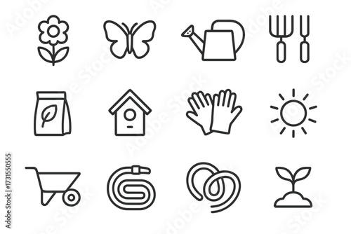 Spring Gardening Icons. Spring gardening. Line outline icon set of spring gardening: blooming flower,