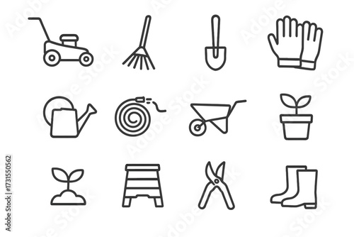 Backyard Care Icons. Backyard care. Line outline icon set of backyard care: lawn mower, rake, shovel, gloves,