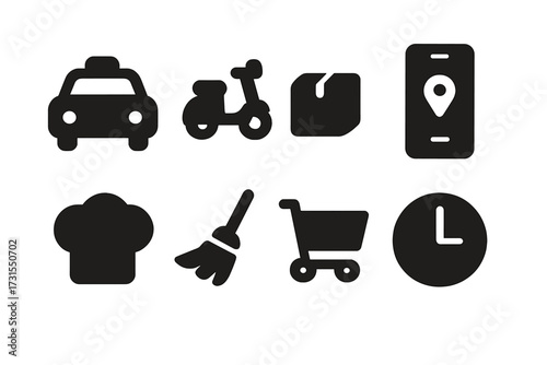 On-Demand Services Icons. On-demand services. Filled icon set of On-demand services: taxi car, scooter,