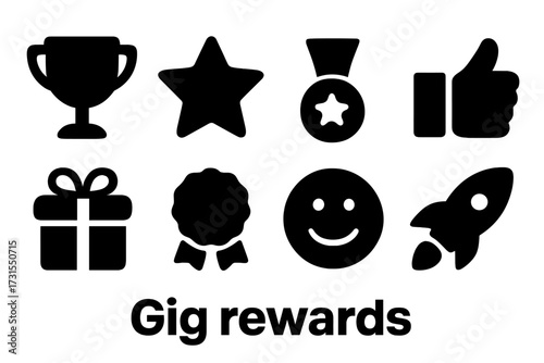 Gig Rewards Icons. Gig rewards. Filled icon set of Gig rewards: trophy, star, medal, thumbs up, gift box,