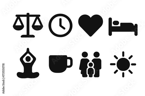 Work-Life Balance Icons. Work-life balance. Filled icon set of Work-life balance: scale, clock, heart, bed,