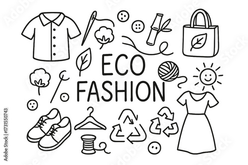 Eco Fashion Doodles. Eco Fashion. Hand-drawn doodle illustration of Eco Fashion. Shirt, leaf, cotton plant,