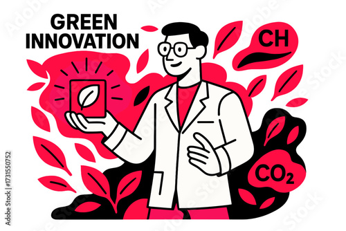 Eco-Friendly Scientific Breakthrough. Green Innovation. Scientist holding glowing biodegradable package,