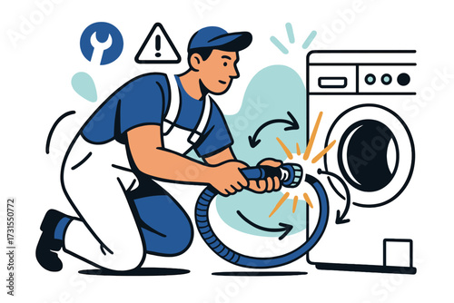 Dynamic Hose Removal. Hose removal. Worker unscrewing glowing hose connector from washing machine, arrows
