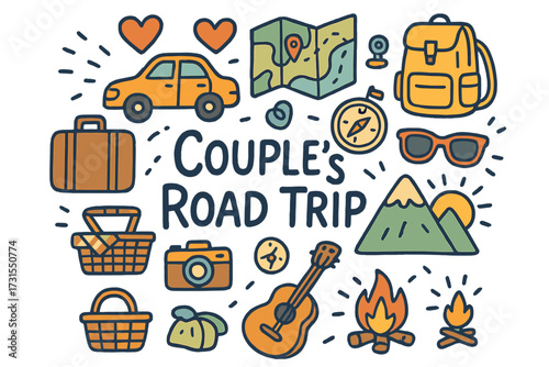 Couple's Road Trip. Couple’s Road Trip. Hand-drawn doodle illustration of Couple’s Road Trip. Car, heart