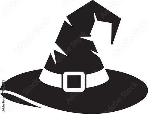 Classic black witch hat with white buckle and tattered edges