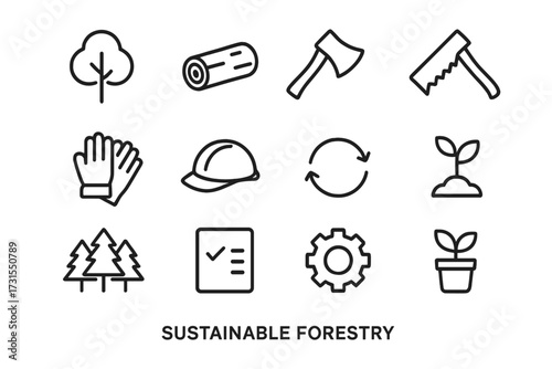 Sustainable Forestry Icons. Sustainable forestry. Line outline icon set of sustainable forestry: tree, log,