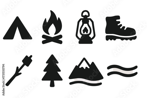 Camping Icon Set. Camping road trip. Filled icon set of Camping road trip: tent, campfire, lantern, hiking