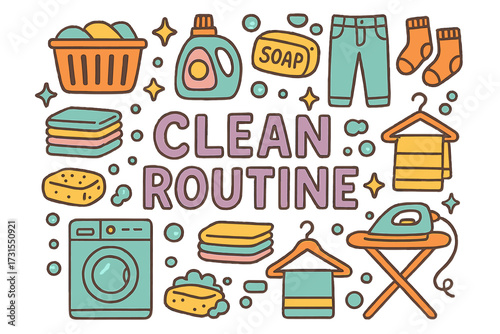 Clean Routine Essentials. Clean Routine. Hand-drawn doodle illustration of Clean Routine. Laundry basket,