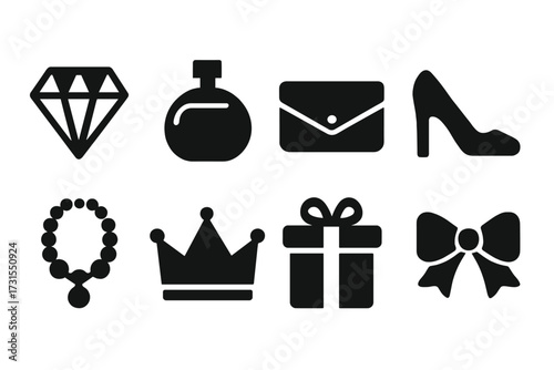 Luxury Icon Set. Luxury shopping. Filled icon set of Luxury shopping: diamond, perfume bottle, clutch bag,