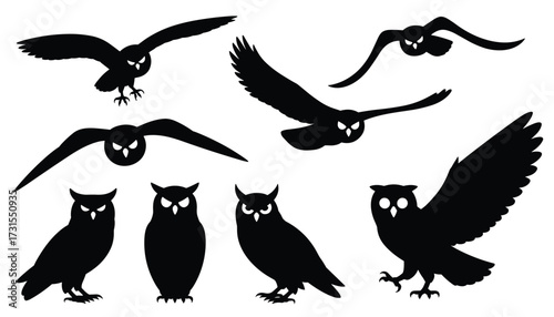 Silhouette owls collection, flying owls illustration, nocturnal birds of prey, vector owl design, black owl shapes, wildlife animal silhouettes