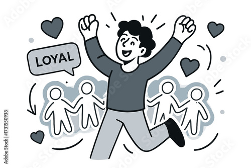 Lively Fans Support. Supportive fans. Person surrounded by glowing follower icons shaped like people holding