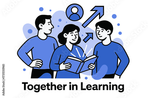 Guided Learning Collaboration. Guided Discussion. Teacher with open glowing book, parent figure beside,