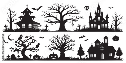 Spooky Halloween silhouettes feature haunted houses, bare trees, flying bats, grinning pumpkins, and eerie tombstones under a crescent moon