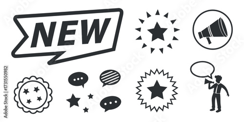 Announce exciting new arrivals and achievements with dynamic marketing icons and speech bubbles conveying important messages
