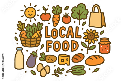 Local Food Doodle. Local Food. Hand-drawn doodle illustration of Local Food. Basket of vegetables, apple,