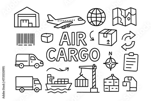 Air Cargo Doodles. Air Cargo. Hand-drawn doodle illustration of Air Cargo. Airplane, package, barcode,