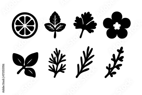 Fresh Garnish Icons. Fresh garnish. Filled icon set of Fresh garnish: lemon slice, mint sprig, parsley sprig,