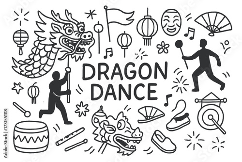 Dragon Dance Doodle. Dragon Dance. Hand-drawn doodle illustration of Dragon Dance. Dragon figure, drum, dancer