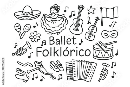 Ballet Folklórico Doodle. Ballet Folklórico. Hand-drawn doodle illustration of Ballet Folklórico. Sombrero,