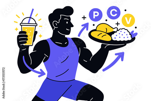 Nutrient-Packed Performance. Nutrition support. Athlete holding glowing smoothie and food tray with proteins,