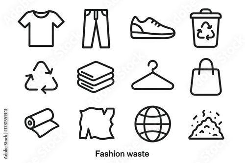 Fashion Waste Icons. Fashion waste. Line outline icon set of fashion waste: t-shirt, jeans, shoes, waste bin,