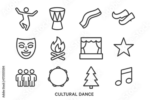 Cultural Dance Icons. Cultural dance. Line outline icon set of cultural dance: dancer figure, drum, scarf,