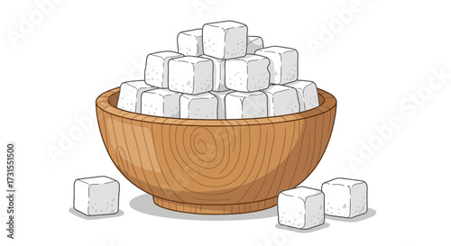 Illustration of sugar cubes piled in a wooden bowl against a white background offers a sweet