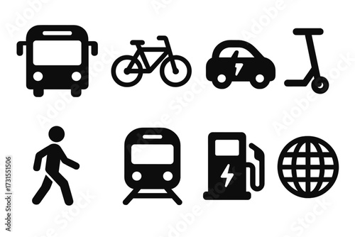 Eco Transport Icons. Eco transport. Filled icon set of Eco transport: bus, bicycle, electric car, scooter,