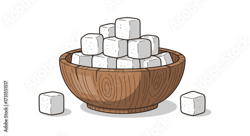 Illustration of a wooden bowl filled with sugar cubes representing sweetness and abundance