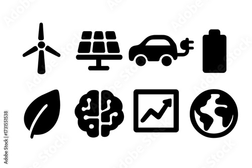 Futuristic Eco Icons. Future green tech. Filled icon set of Future green tech: wind turbine, solar panel,