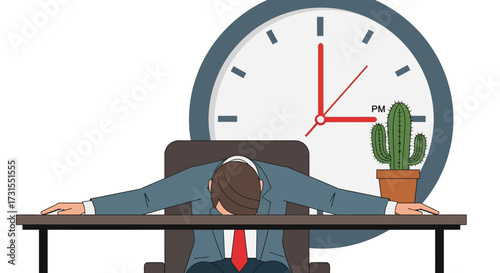 Exhausted businessman sleeping at his desk next to a cactus and a clock marking time