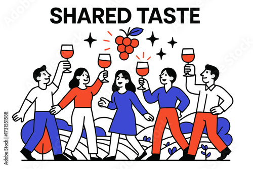 Vineyard Celebration. Wine Appreciation. Group raising glowing glasses in vineyard with floating grape cluster