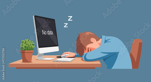 Employee burnout concept, featuring a tired worker sleeping at computer, no data message on the