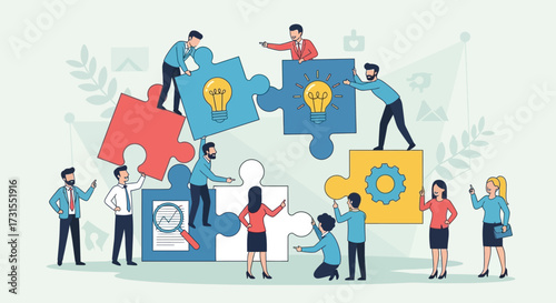 Teamwork and collaboration concept with people solving puzzle to achieve success