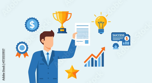Illustrative businessman achieving success with awards, chart growth and innovation