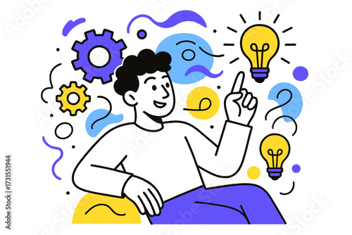 Innovative Concept Design. Innovative Thinking. Character with floating gears, lightbulbs, and abstract