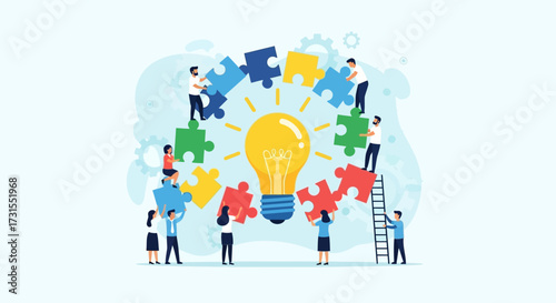Teamwork and collaboration leading to innovative ideas symbolized by puzzle pieces forming a light
