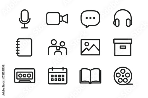 Oral History Icons. Oral and visual history. Line outline icon set of oral and visual history: microphone,
