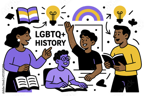 Empowered Learning. Education and awareness. Teachers and students in classrooms discussing LGBTQ+ history and
