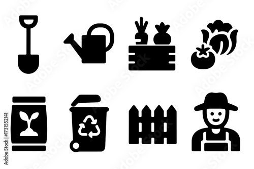 Community Garden Icons. Community gardens. Filled icon set of Community gardens: shovel, watering can, planter