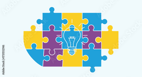 Creative problem-solving concept with a lightbulb in the center of colorful puzzle pieces showing