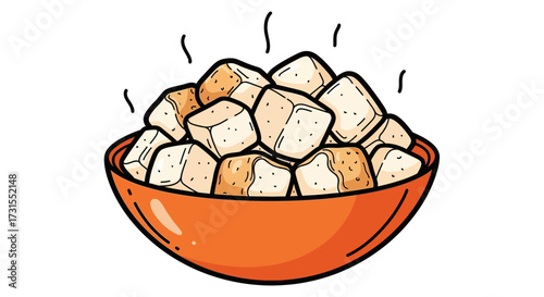 Cartoon illustration of a bowl full of steaming tofu cubes ready to be served for dinner