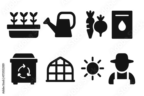 Garden Icon Collection. Home gardening. Filled icon set of Home gardening: planter box, watering can,