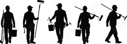 Silhouette, painter, worker, construction, maintenance, paint roller, hard hat, tool belt, teamwork, labor, bucket, broom, industrial, job, safety, uniform, repair, renovation, crew, illustration