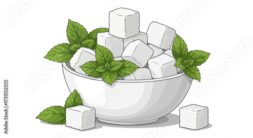 Elegant illustration showcasing a bowl of sugar cubes garnished with fresh mint leaves against a