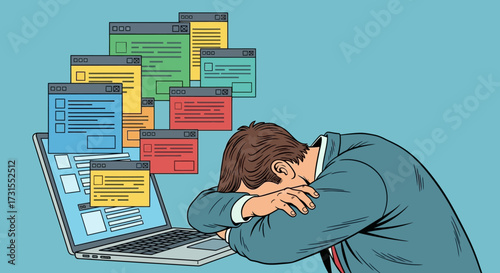 Exhausted businessman with head down in front of a laptop overloaded with windows represents burnout