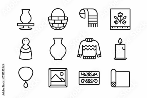 Handmade Icons Set. Handmade products. Line outline icon set of handmade products: pottery, basket, scarf,