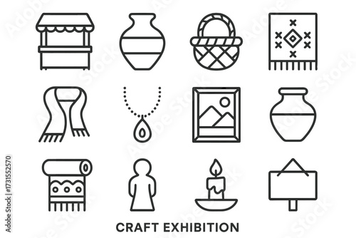 Craft Icons Grid. Craft exhibition. Line outline icon set of craft exhibition: display stand, pottery, basket,