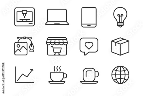 Modern Tech Icon Set. Modern relevance. Line outline icon set of modern relevance: 3D printer, laptop, tablet,
